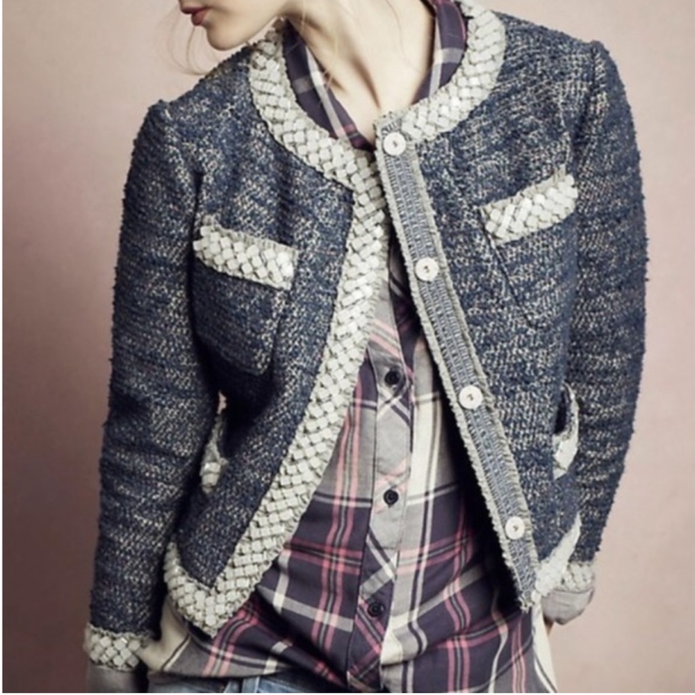 Anthropologie Blue and Cream Tweed Boxy Jacket